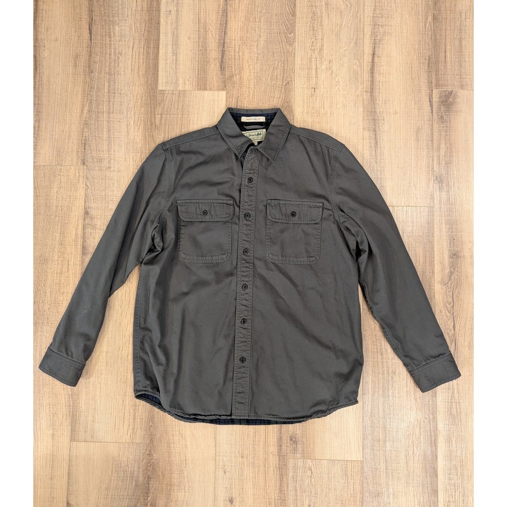 LL Bean Hurricane Shirt Mens M Gray Flannel Lined Traditional Fit Workwear Shirt